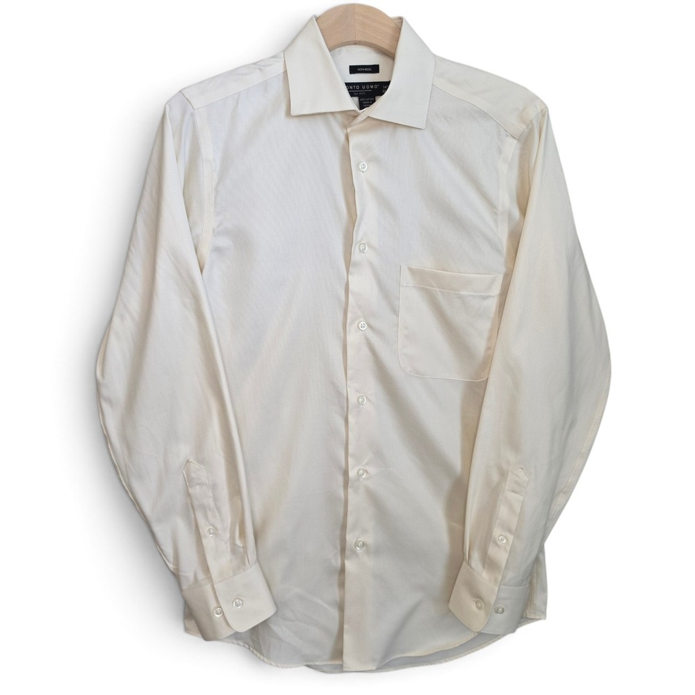 Pronto Uomo Dress Shirt Mens 14.5 32/33 Off White Cream Non Iron Cotton Spread
